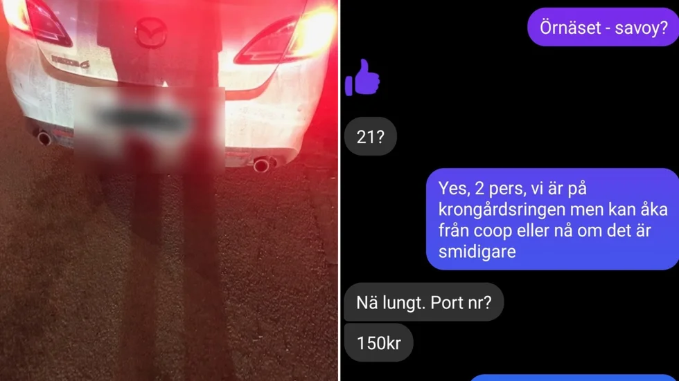 Mängder av konversationer som den till höger finns med i anmälan, då med tydliga namnuppgifter. Till vänster en av de bilar som förekommer i anmälan.