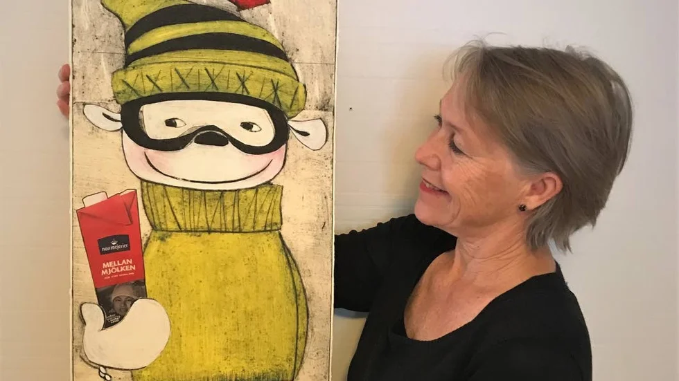 Konstnären Elisabet Linna Persson från Luleå har gjort ett handkolorerat grafik-collage med titeln ”Jag dricker mjölk vit som snö och återvinner paketet för vår miljö.”