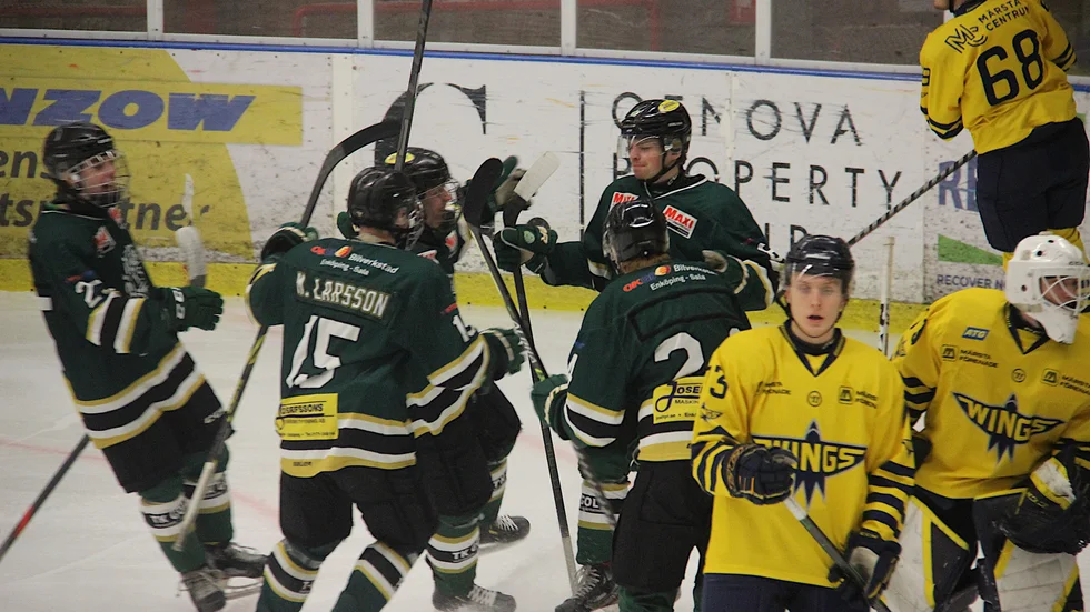 ESK J20 gjorde fyra mål hemma i Bahcohallen mot Wings i kvalserien, men det räckte inte. Här firar laget. Närmast 17-årige Max Larsson.