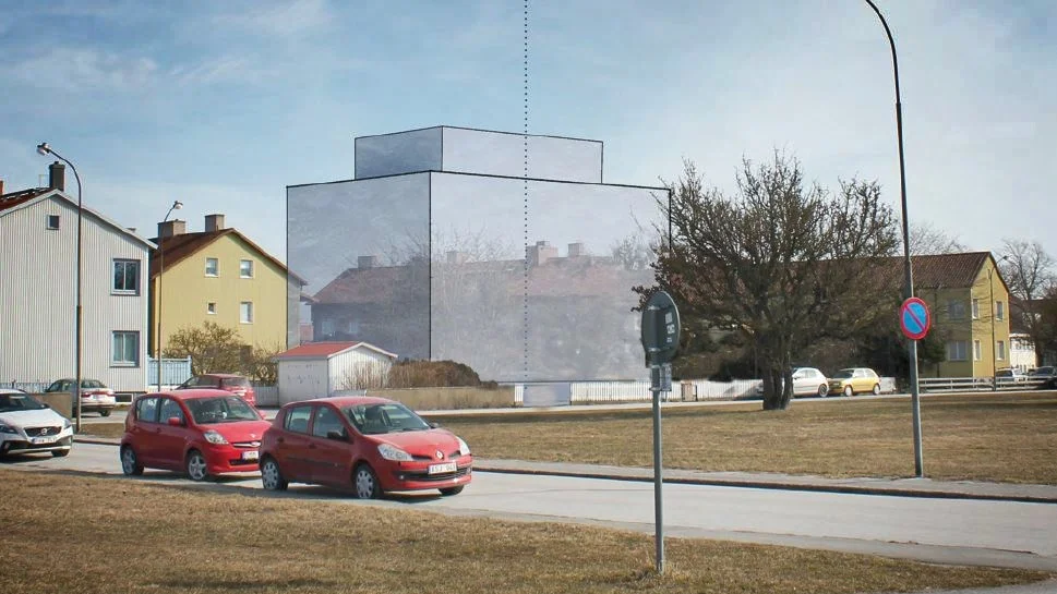 En skiss som visar storleken på det hus som Polhemslunden AB vill bygga. i förgrunden Polhemslunden.