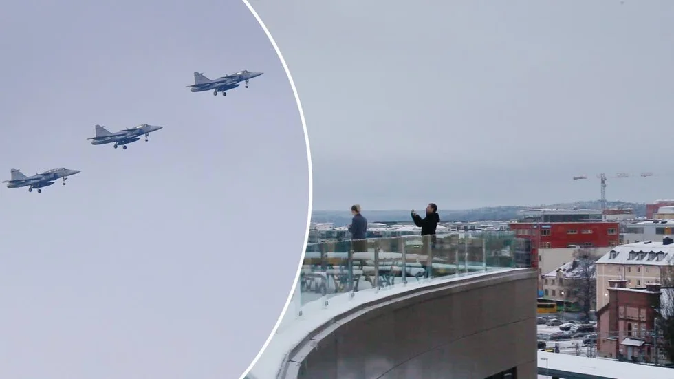 Montage. Julgransformationen flögs under luciadagen över bland annat Malmö. Men i Uppsala var det för tjockt molntäcke för att se den årliga julhälsningen.
