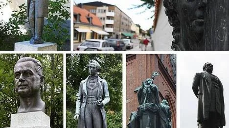 Övre raden: Nathan Söderblom och Anna Maria Lenngren. Nedre raden: Dag Hammarskjöld, Prins Gustaf, Jokob Ulfsson och Erik Gustaf Geijer.