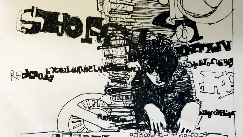 Tolkning av Pynchon i skrivartagen. Det har genom åren funnits oerhört få offentliga bilder på Thomas Pynchon. Den här teckningen är gjord utav Pynchon-beundraren Zak Smith som gjort en illustration till varje sida av Pynchons tegelsten "Gravitationens regnbåge". Illustration: Zak Smith