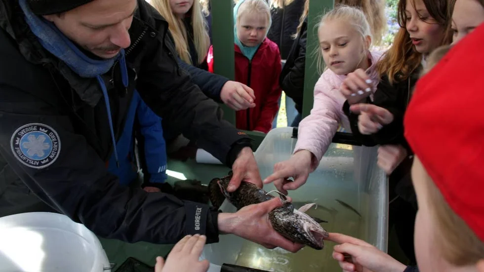 Känsla. Besökarna fick känna på fiskar som Tomas Remén Loreth höll upp.