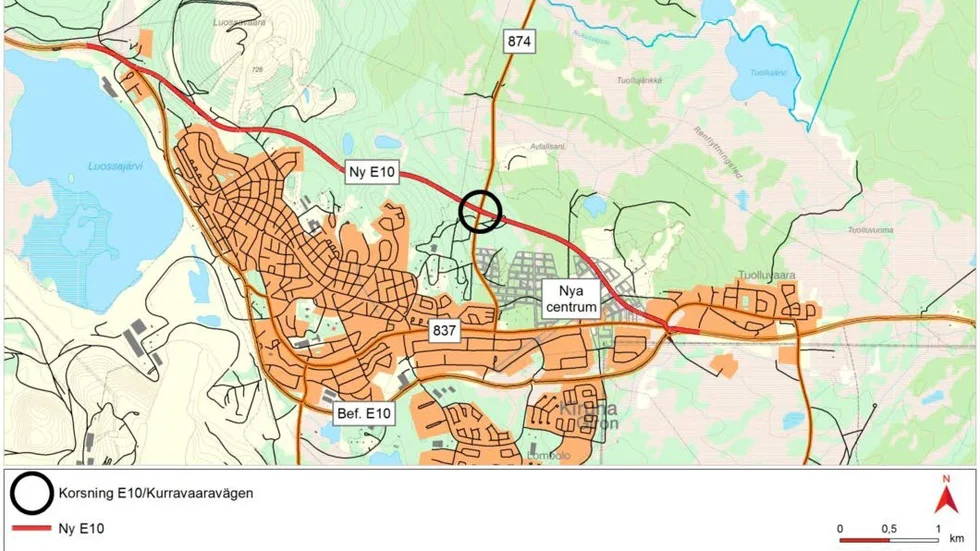 Karta. Så här är den nya dragningen av E10 förbi Kiruna tänkt att se ut.