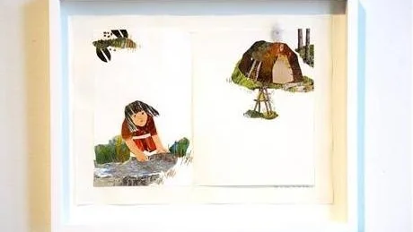Illustration ur Kälda och älgen, collageteknik och sömnad.