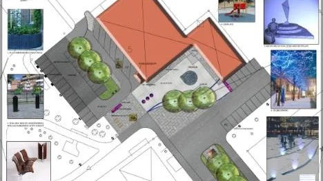 Så här är det tänkt att torget i Rosvik ska se ut enligt den skiss Mecad AB har. Grävarbetet inleds i början av maj.