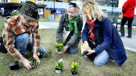 BLOMMOR FÖR FRAMTIDEN. Som en manifestation att behålla parken på Fritz Olsson-tomten i centrala Luleå planterades det blommor där på första maj. Mió Evanne och Ella Jonsson i planteringstagen. Karin Åberg till höger sådde frön.