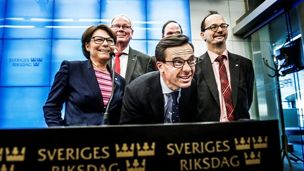 Pensionsgruppen. Med Solveig Zander (C),  Ulf Nilsson (FP), Ulf Kristersson, ordförande (M), Lars Gustafsson (KD) och Tomas Eneroth (S) presenterar sitt paket med förändringar i pensionsöverenskommelsen.