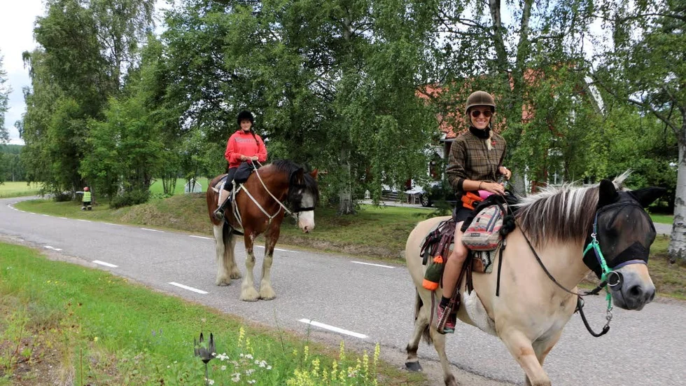 LÅNGNÄS. Suzanna Holmqvist (längst fram) med fjordingen Krumelur har ridit hela vägen från Hörby i Skåne.
