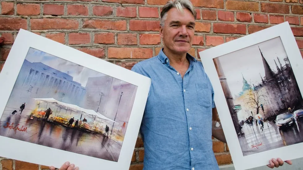 Stadsvyer är ett av Stefan Gadnells signum som akvarellkonstnär. Här syns ett motiv från Stockholm. Kanske Hötorget och Strandvägen?