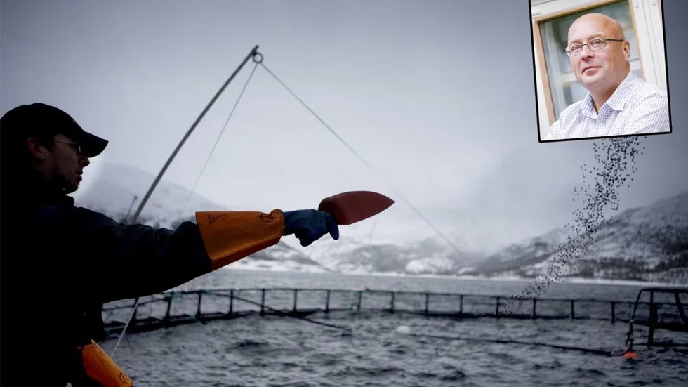 Fiskodling som industri. Hushållningssällskapet vill undersöka möjligheterna i Norrbotten, enligt Mikael Kivijärvi (infälld). Det handlar dock om landbaserad odling på fjällröding. Bilden visar en laxodling i Norge.
