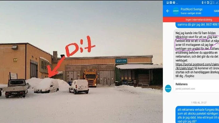 Kort avstånd. Christer Strömhult tyckte det var konstigt att paketet inte kunde tas från Postnords lokaler på högra sidan till Försvarsmaktens till vänster. Höger i bild: beskedet från kundtjänst att inget avi skickats ut.