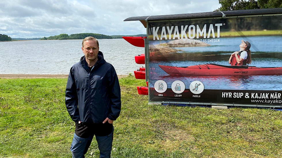 Peter Thörngren med sin kayakomat i Bredsand.