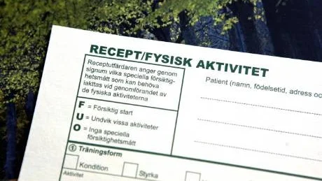 ordination. Så här ser receptformuläret ut där läkare, sjuksköterskor eller sjukgymnaster ordinerar motion.