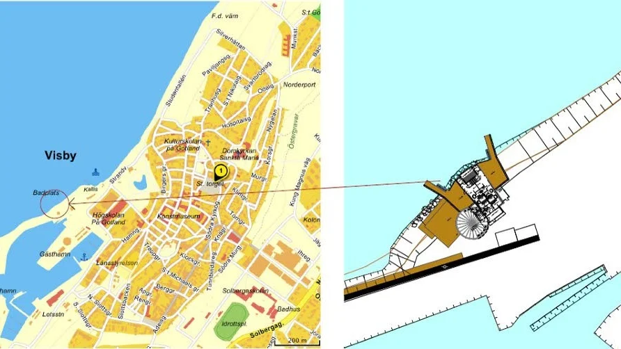 Det planerade kallbadhuset ska ligga vid piren i Visby hamn.
