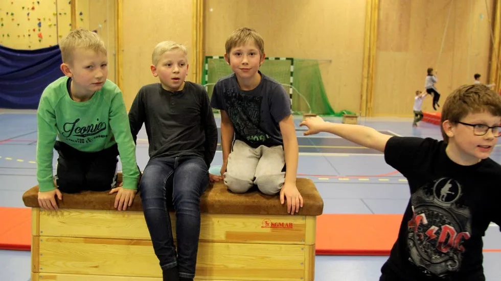 Samling på plinten. Olle Johansson, Liam Hall Gustavsson, Alex Karlsson och James Strängberg har kul i hallen.