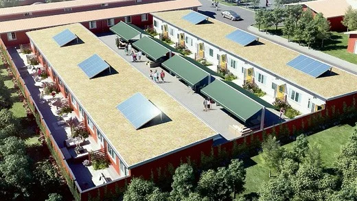 Såhär är det tänkt att Oxgården nybyggnation ska se ut. Fastigheten till höger är Norrgårdens förskola. Bild: Oxgården