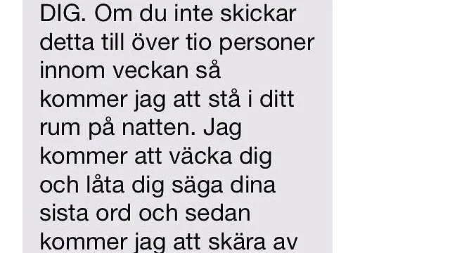 Brevets innehåll där mottagaren hotas att dödas om det inte skickas vidare.