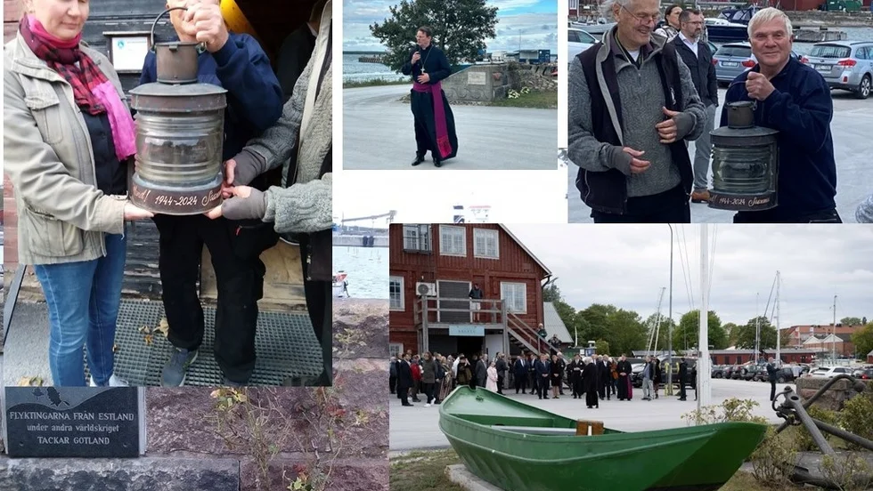 Fr vänster, Jaanika Tiitson överräcker lyktan, publik som kommit till Slite hamn samt biskop Erik.