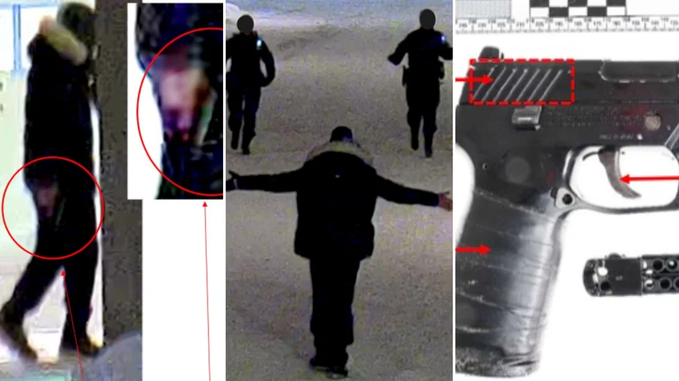 Anklagad för grovt olaga hot och misshandel – med hjälp av en pistol. Övervakningskamerornas bilder visar, menade åklagaren, hur mannen var beväpnad med en kolsyrepistol vid dramat utanför restaurangen. Pilarna visar 30-åringens DNA-spår på pistolen. Nu döms 30-åringen för dubbla brott.