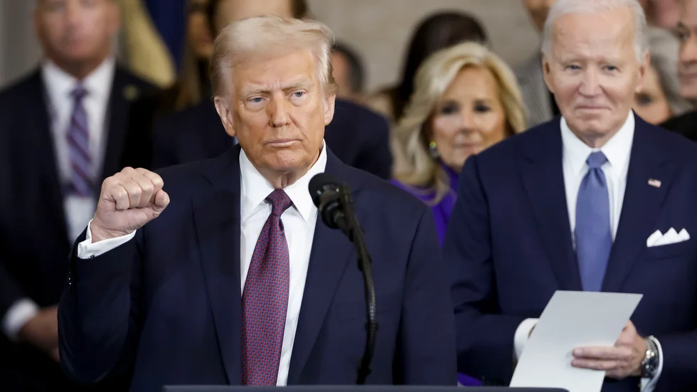 President Donald Trump hoppade mellan ämnena i sitt tal under ceremonin i Washington.