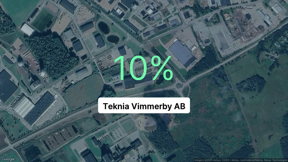 Illustrationen visar rörelsemarginalen för Teknia Vimmerby för det senaste året. Bakgrunden är en satellitbild över företagets adress.