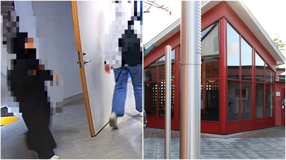 En av eleverna gick in i lärarrummet och letade efter provet, medan den andra eleven väntade utanför och höll koll.