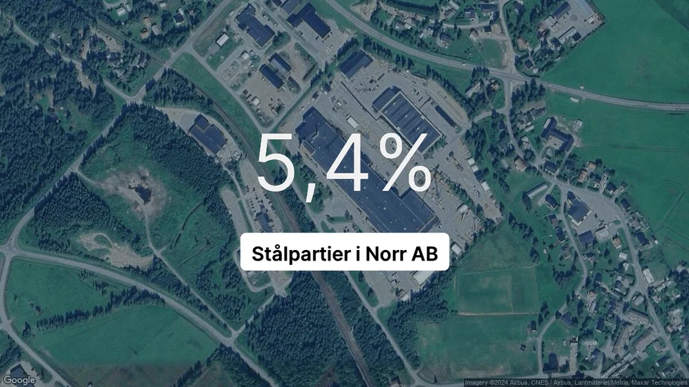 Illustrationen visar rörelsemarginalen för Stålpartier i Norr för det senaste året. Bakgrunden är en satellitbild över företagets adress.
