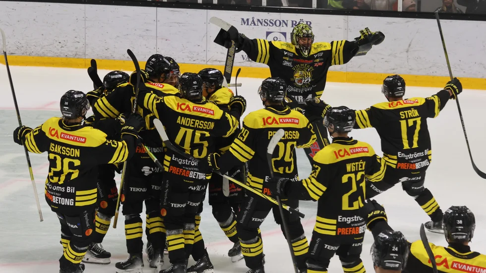 Vimmerby Hockeys stora glädje efter segern mot Djurgården.