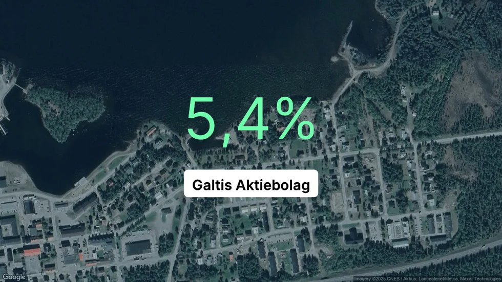 Illustrationen visar rörelsemarginalen för Galtis för det senaste året. Bakgrunden är en satellitbild över företagets adress.