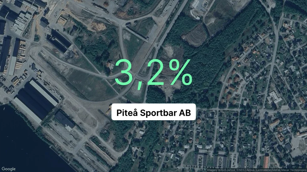 Illustrationen visar rörelsemarginalen för Piteå Sportbar för det senaste året. Bakgrunden är en satellitbild över företagets adress.