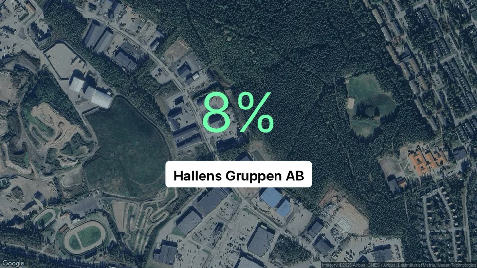Illustrationen visar rörelsemarginalen för Hallens Gruppen för det senaste året. Bakgrunden är en satellitbild över företagets adress.