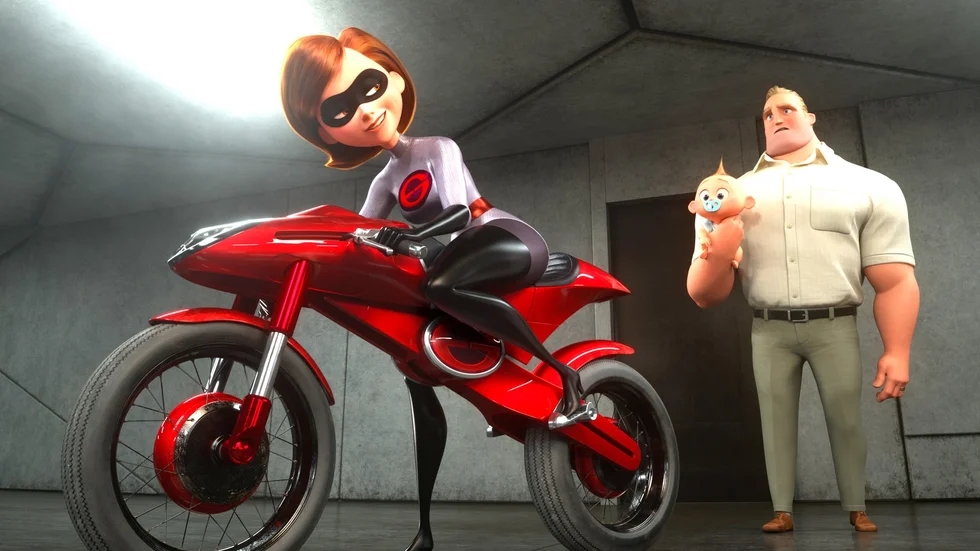 Mamma Barr, känd som Elastaflickan, har huvudrollen i ”Superhjältarna 2”. Mr Incredible får hålla sig i bakgrunden med babyn Jack-Jack. 