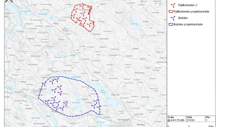Så här ser Fu-Gens förslag till två kommande vindkraftsparker, Boliden och Fjällboheden 2, ut inför avgränsningssamråden med länsstyrelsen.