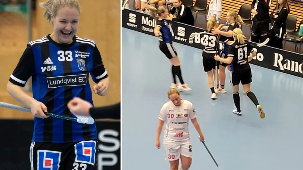 Amanda Delgado Johansson hittade målet två gånger om mot Jönköping. Till höger jublar hon över Virve Bjerkefeldts fullträff  fram till 3-1.