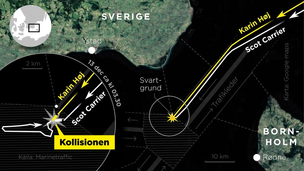 Grafiken visar att brittiska fartyget Scot Carrier ser ut att ha svängt tvärt mot det mindre danska fartyget Karin Høj i samband med krocken natten till måndag.
