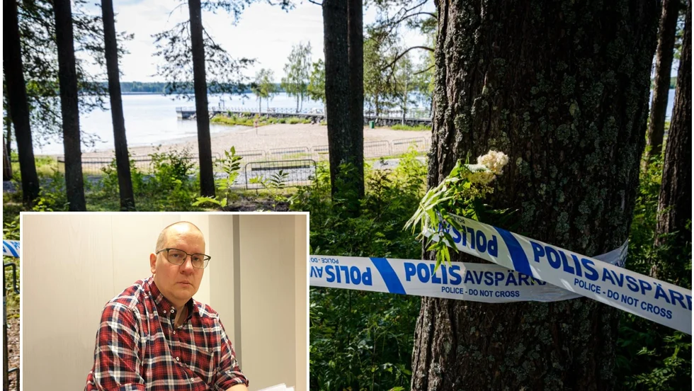 Avspärrningsband väster om brottsplatsen dagen efter det brutala dådet där kammaråklagare Jonas Fjellström leder utredningen.