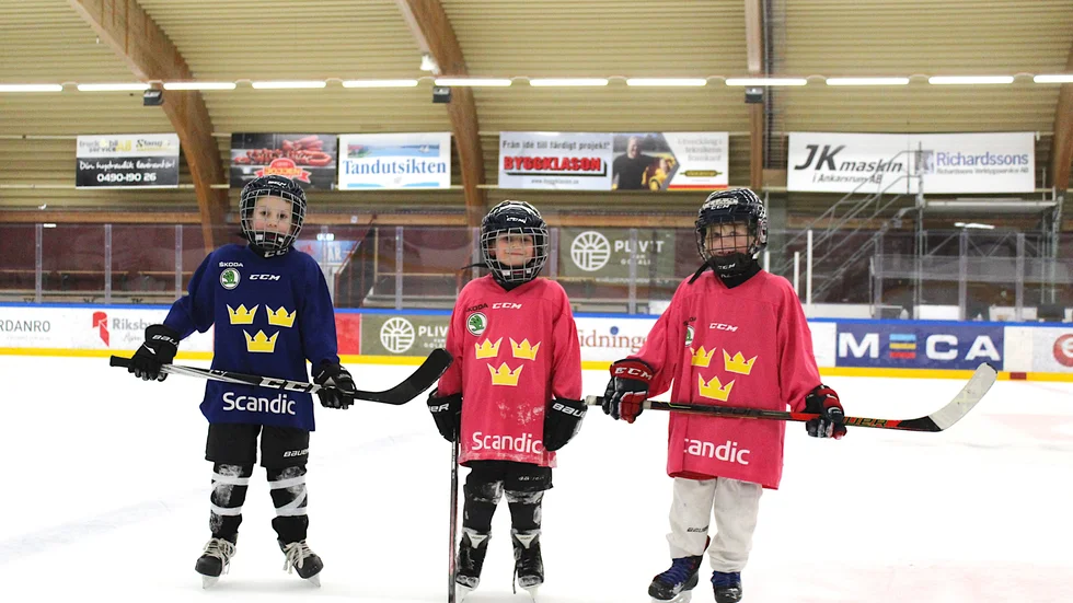 Några av lilla hockeyskolans deltagare: Ebbe Loström, Ebbe Ström och Liam Eriksson. 