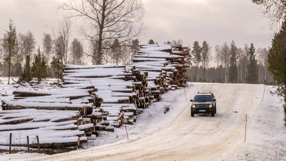 Så här såg det ut vid Axsjövik i januari. Sedan vägen åter öppnades för tung trafik kunde timret hämtas.