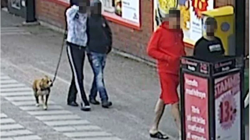 Dagen efter dödsskjutningen. HA-supportern, i rött, tillsammans med den misstänkte mördaren, bakre paret till höger, ses i samma övervakningsfilm från Porsö centrum den 31 juli 2021, dagen efter mordet på den 25-åriga kvinnan på Notviken. 