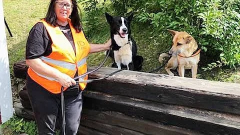


Els-Marie Egonsson med sin hund Millie, som hittade Dio i skogen.



