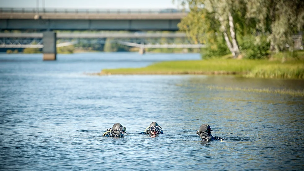 Söker. I små grupper letar sig dykarna nedströms älven. Foto: Lars Eriksson.