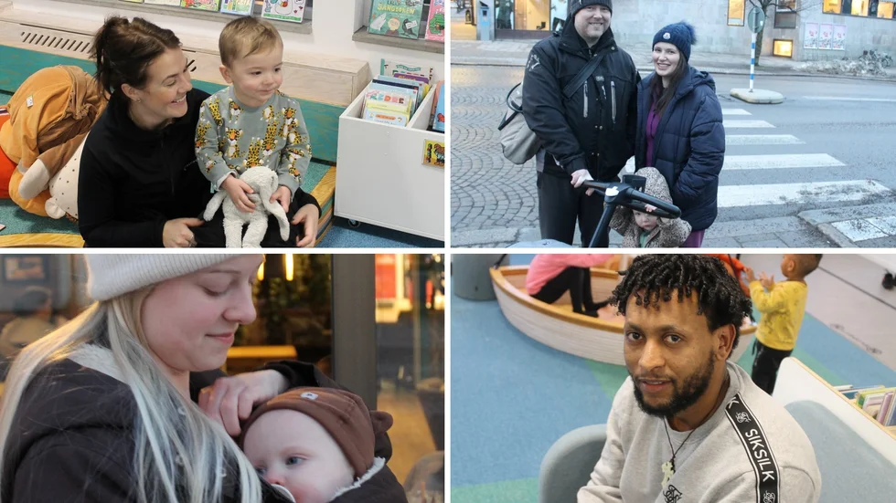 Motalabor med barn berättar vad de ska göra i helgen. Överst till vänster: Caroline Löfgren med sonen August. Överst till höger: Mattias och Sandra Norén med barnen Mila och Liam (i vagnen). Nederst till vänster: Frida Nyiri Karlsson med dottern Ines. Nederst till höger: Kibrom Teame. 