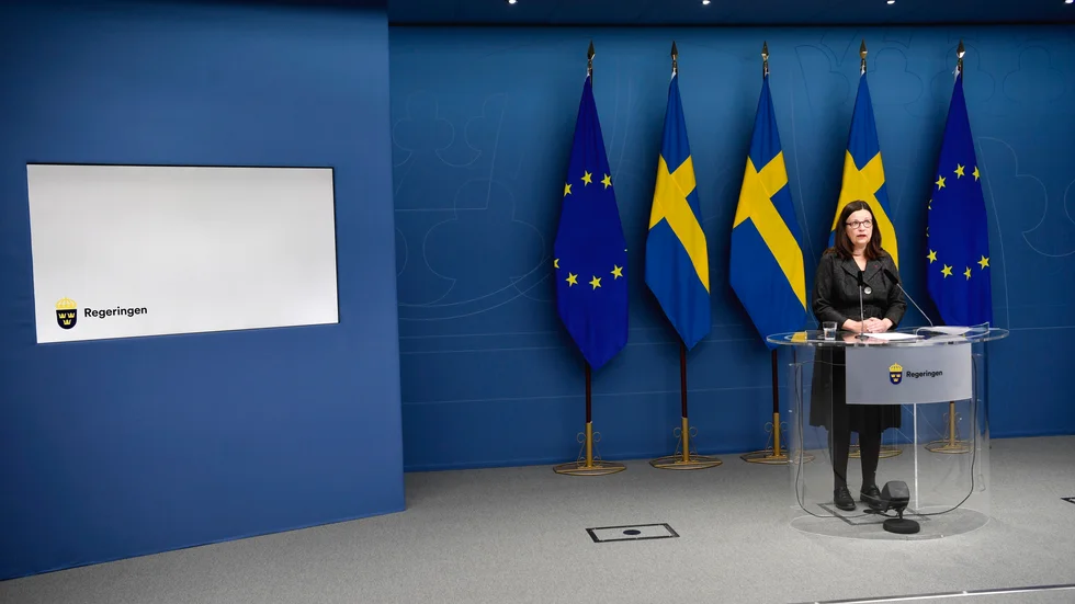 Dåvarande utbildningsminister Anna Ekström (S) vid en digital pressträff om rekommendation för barn och elever i för- och grundskolan i december 2020.