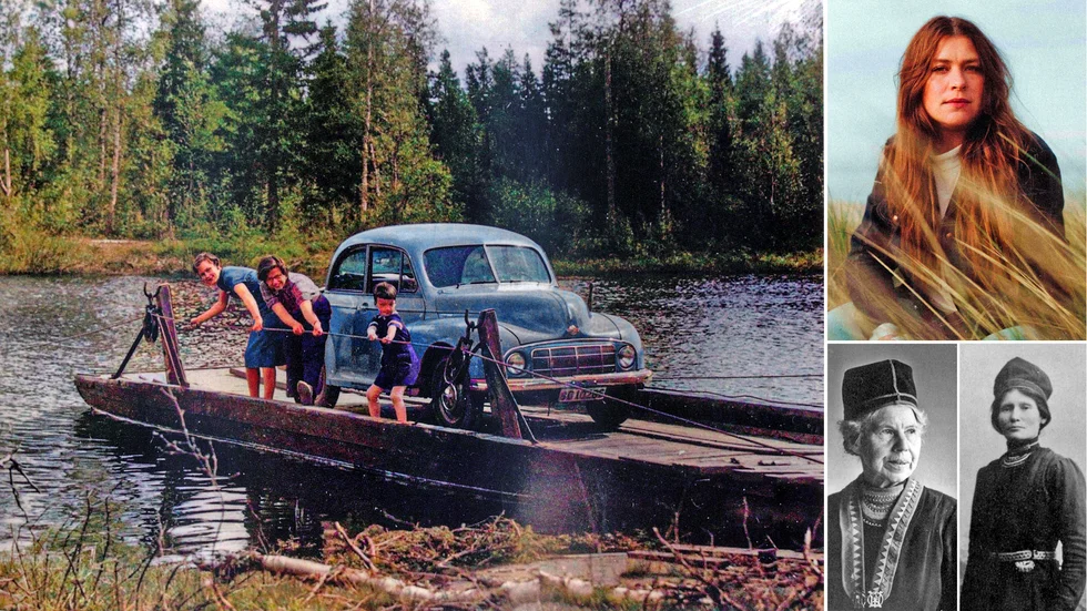 På den stora bilden flottas en bil över Livasälven 1952. På bilden, tagen av Alf Enström, syns Olivia Enström, Eva Enström och Arne Enström. På övre bilden till höger artisten Linnea Henriksson med skogssamiska rötter i Flakaberg. De två nedre bilderna visar de samiska aktivisterna Karin Stenberg och Elsa Laula.