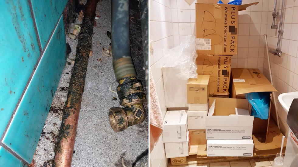 Vid kontrollen upptäcktes smutsiga utrymmen och matlådor som förvarades i öppnade kartonger inne på toaletten.