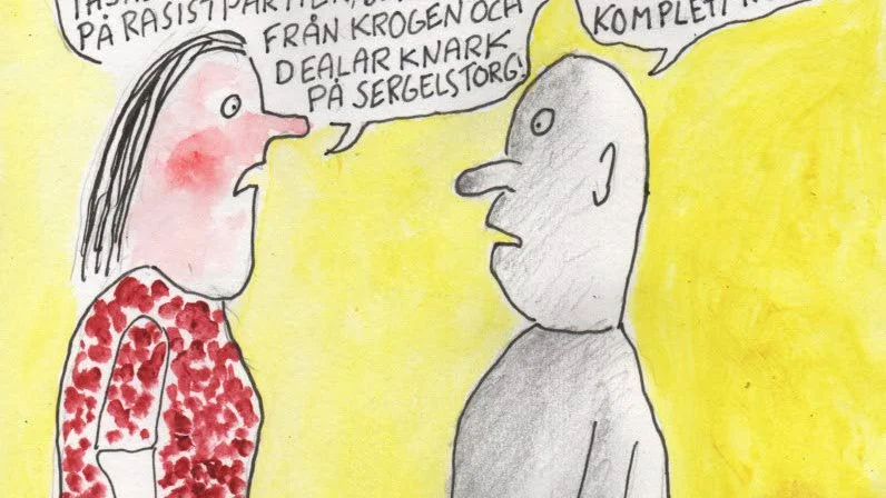Missuppfattning. Oskar Enback Junkka menar att män ofta misstolkar beskrivningar av dem som anklagesler. Ungefär som konversationen i denna satiriska teckning signerad Max Claesson.