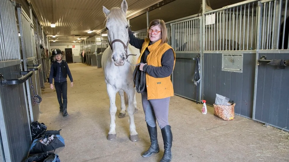 Här i stallet vid Trolldal trivs BrittMarie Järnström med hästen Whiskygubben, som hon gärna rider och tar hand om.