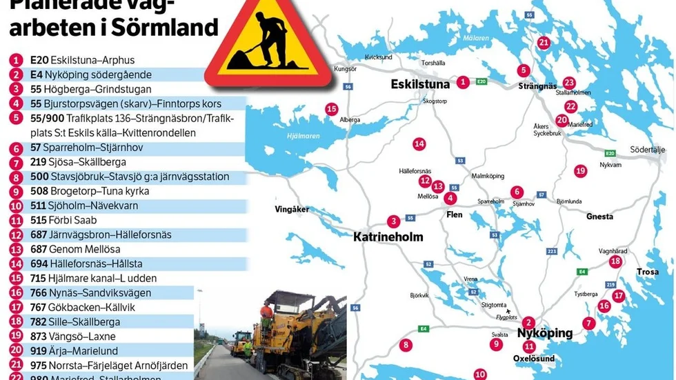 Trafikverkets beläggningsplan för 2017. De sträckor som hittills saknar finansiering är: Arphus–Kjula (E20 västgående), väg 55 Finntorpskors (2+1), väg 53 Malmköping–Bråhovda, väg 805 Spånga–Hedvikslund, väg 807 Kristinelund–Lids kyrka, väg 811 Hedvigslund–Kristinelund, väg 813 Onsberga–Skarpåker.